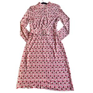 TORY BURCH Bird Floral‎ Print Midi Shirt Dress Sz S Belted Gold Buttons Viscose